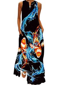 Sommerkleider Damen Ärmellos Strandkleid Blumen Leichte Lässige Tank Kleid mit Taschen Fisch,Größe S