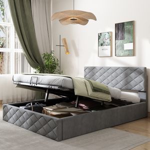 Merax Hydraulická posteľ Boxspring 140x200 cm so zásuvkou na posteľ, lamelovým rámom a čalúneným čelom, čalúnená posteľ Funkčná posteľ Manželská posteľ v zamatovej farbe, sivá