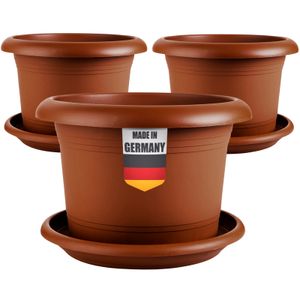 Elegantes 3er-Set Pflanzkübel 50cm Rund - Blumentopf draußen 50cm Durchmesser mit Untersetzer, XXL Pflanzkübel mit optimaler Drainage, Terracotta