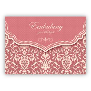 4x Feine Vintage Einladungskarte mit Retro Damast Muster in zartem alt rosa für Brautpaare: Einladung zur Hochzeit