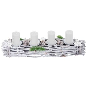 Adventskranz länglich, Weihnachtsdeko Adventsgesteck, Holz 60x16x9cm weiß-grau  mit Kerzen, weiß