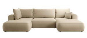 Selsey OVO - Wohnlandschaft U-Form-Sofa mit Schlaffunktion, Bettkasten, Ottomane links, Veloursbezug Beige