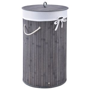 Juskys Bambus Wäschekorb Curly-Round – 55 Liter Volumen – Wäschesammler mit Deckel, Tragegriffen & Stoff Wäschesack – 1 Fach Wäschebox – in Grau