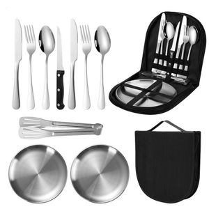 Tragbare 10 tlg Besteck-Set Picknicktasche,Camping Besteck Küchenhelfer Set ,Essbesteck Edelstahl Tellerlöffel/Gabel für Outdoor Wandern Camping Kochgeschirr