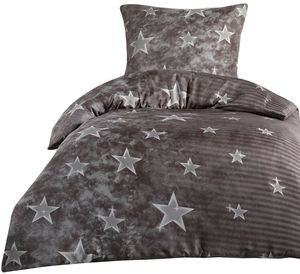 Bettwäsche 135x200 + 80x80 cm grau Sterne mit Reißverschluss, 4-tlg.
