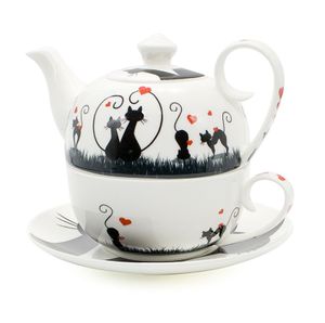 Tea for one Set Katze schwarz-Weiss rot mit Herzen aus Porzellan