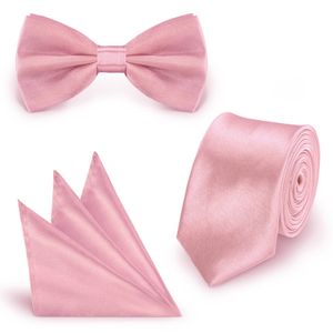 SET Krawatte Fliege Einstecktuch Rosa  einfarbig uni aus Polyester
