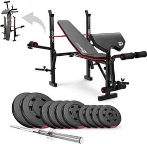 Hop-Sport zusammenklappbare Hantelbank HS-1055 mit Curlpult, Butterfly und Beincurler Inkl. 59 kg Hantelset + Langhantelstange