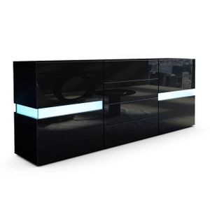 Vladon Sideboard Flow,  Germany, Schwarz matt/Schwarz Hochglanz inkl. LED - Moderne Kommode mit Ambient Light Verglasung für Ihr Wohnbereich (177 x 75 x 39 cm)
