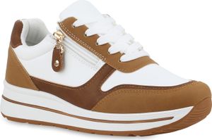 VAN HILL Damen Sneaker Bequeme Metallic Profil-Sohle Zipper Schuhe 841046, Farbe: Weiß Hellbraun, Größe: 39