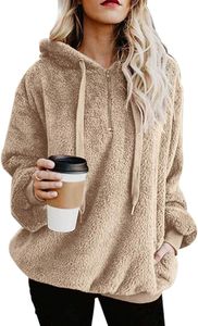 Damen Hoodie Warm Fleece Kapuzenpullover Oversize Sweatshirt Langarm Lose Winter Pulli Tops Oberteile mit Tasche(Khaki,XL)