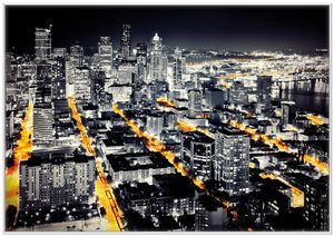 Wallario Wandbild Großstadt bei Nacht - Seattle in schwarz weiß gelb, Größe: 70,30 x 100,30 cm, Poster mit weißem Kunststoffrahmen