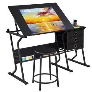 Yaheetech Zeichentisch-Set mit Kippbarer Tischplatte Schreibtisch mit 3 Schubladen Beistelltisch mit Rundem Stuhl & Ablageregal für Schreiben/Lesen/Malen/Zeichnen