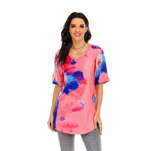 Frauen Tie Dye Printed V-Ausschnitt Pullover Tops Kurzarm T-Shirt Bluse Seitenschlitz,Farbe: Pink,Blau,Größe:M