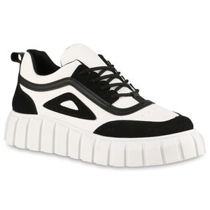 VAN HILL Damen Plateau Sneaker Profil-Sohle Schnür-Schuhe 838404, Farbe: Schwarz Weiß, Größe: 37