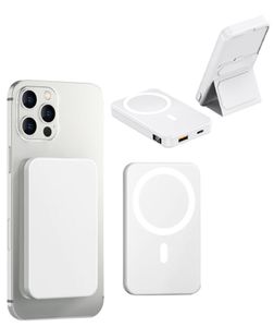 Magsafe Magnetische Powerbank Wireless Charger 10000mAh mit Halterung/Stütze, LED Akkuanzeige und Magnetring weiß für iPhone IOS/Android Samsung