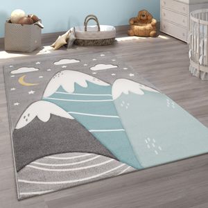 Teppich Kinderzimmer Kinderteppich Spielteppich Pastell 3D Berge Wolken Sterne Grösse 140x200 cm