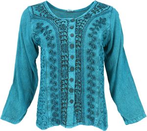 Kurzes Blusentop Boho Chic, Indische Hippie Langarm Bluse - Jeansblau, Damen, Viskose, Blusen & Tunikas