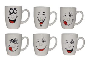 6er Set Kaffeebecher mit Aufdruck - 300 ml - Porzellan - Kaffeetassen - Becher lustige Gesichter