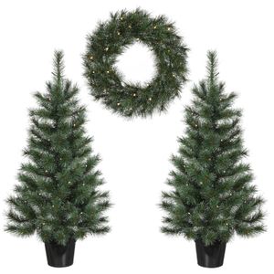 Black Box Trees Glendon Set mit 2 Weihnachtsbäumen und 1 Kranz mit LED-Beleuchtung - Grün