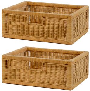 KRINES HOME Stabiles Set 2 Regalkorb mit Holzrahmen aus echtem Rattan / Schübe mit Griff 43x32x17cm Schubfach Regal Korb