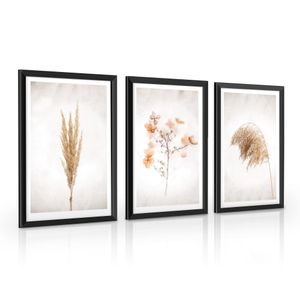 Estika Bilder set mit rahmen -Pampasgrass- Wählen größe (3x A2 ) - Moderne deko poster set, Wandbild wohnzimmer oder schlafzimmer