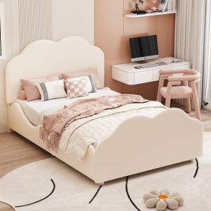 Merax Čalúnená posteľ 90x200 cm s obláčikovým čelom a nohami, výškovo nastaviteľné čelo, posteľ pre mladých Jednolôžková posteľ zo zamatu, béžová