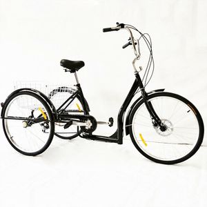 26 Zoll Erwachsene Fahrrad Dreirad 3 Rad 6 Geschwindigkeit Fahrrad Trike Cruise Schwarz mit Einkaufskorb+ Licht