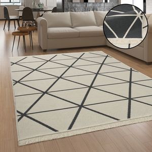 Teppich Wohnzimmer Waschbar Geometrisches Skandi Muster Fransen Anthrazit Creme Grösse 160x220 cm