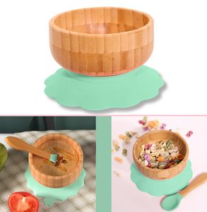 Intirilife Baby Bambusschalen-Set Bambusschüssel mit Saugnapf und Löffel in Grün - Zum Essen und Füttern von Babys und Kleinkindern