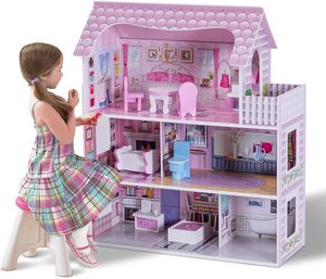 COSTWAY Puppenhaus aus Holz, Puppenstube mit Möbeln und Zubehör, Puppenvilla 3 Etagen, Dollhouse Spielzeug für Mädchen