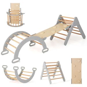 COSTWAY 4 v 1 lezecký trojúhelník se skluzavkou, lezeckým obloukem, včetně oboustranné rampy, pro lezení, klouzání a houpání Grey