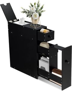 Tenká koupelnová skříňka, dřevěná, se zásuvkami, multifunkční, prostorově úsporná, 16 x 48 x 58 cm (černá)