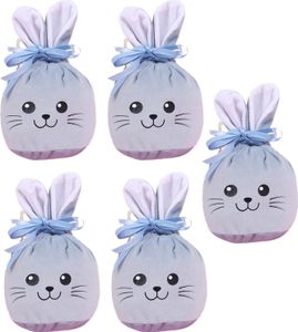 5 Stück Osterhasen-Geschenktüte, niedlich, tragbar, Cartoon-Hasenohren, Flanell, Leckereien, Snacks, Süßigkeiten, Kordelzugbeutel, Frohe Ostern, Festgeschenk, Himmelblau