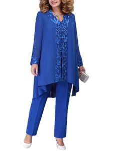 Damen Abendkleider Große Größe Sommerkleid Langarm/Kurzarm Oberteile und Hosen Set Blau,Größe XXL