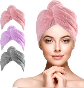 Haarturban Mikrofaser, 3 Stück Turban Handtücher Schnelltrocknend Handtuch, Damen Haarhandtuch Kopfhandtuch Duschhaube mit Knopf (A)