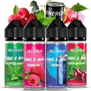 Belissia Shake and Make Set Fruchtige Kühle - 4x10ml hochdosiertes Lebensmittelaroma + 120ml Schüttelflasche - Für Backen, Speisen, Getränke, DIY uvm