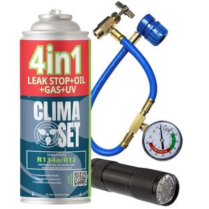 Autoklimaanlagen Set 4in1 R134a 626 g, Schlauch mit Manometer, Taschenlampe UV