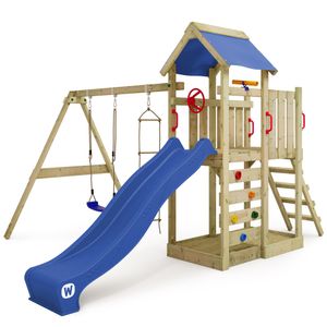 WICKEY Spielturm Klettergerüst MultiFlyer mit Schaukel & Rutsche, Kletterturm mit Sandkasten, Leiter & Spiel-Zubehör - blau