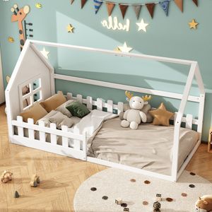okwish Kinderbett Plattformbett 90×200 cm mit Lattenrost, Jugendbett Hausbett Holzbett mit Rausfallschutz für Jungen und Mädchen, Weiß(Ohne Matratze)