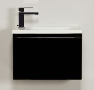 Quentis Gäste-WC Badmöbel FAROS 50, schwarz glänzend, Waschbeckenunterschrank mit Klapptüre, montiert.