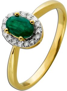 Ring Gelbgold 585 14 Karat 16 Diamanten Brillantschliff  Total 0,10ct W/SI 1 grüner Smaragd Edelstein 0,45ct Damenring 17