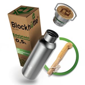 Blockhütte.Premium Edelstahl Trinkflasche isoliert I 1L, 750ml, 500ml I mit Bürste I Isolierflasche auslaufsicher I Wasserflasche spülmaschinenfest