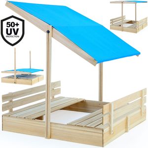 Spielwerk Sandkasten mit Dach + Sitzbänke 120x120 cm Holz Natur Sonnenschutz UV 50+ Sandbox Sandkiste Kinder Spielhaus Sandspielzeug