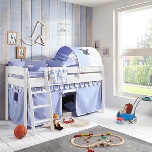 Halbhohes Kinderbett VIBORG-13 90x200 cm Buche massiv weiß lackiert, mit Textilset blau/boy