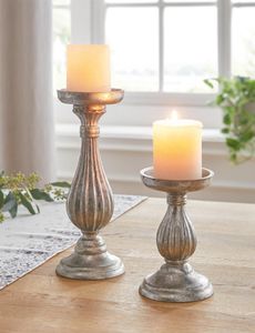 Kerzenhalter "Eleganz" aus Holz, 2er Set, Kerzenständer, silber, im Antik-Design