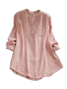 Damen Blusen Langarmshirt V Ausschnitt Oberteile Casual Baumwolle Tunika Hemd mit Tasche Pink,Größe 3XL