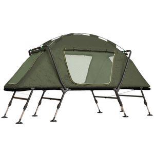 Outsunny Feldbett mit Zelt Campingbett erhöhtes Kuppelzelt mit UV-Schutz inkl. Tragetasche, Regenschutz, verstellbaren Beinen, Grün Oxford 215 x 80 x
