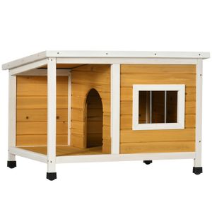 Psí bouda PawHut, jedlové dřevo, psí bouda s terasou a skládací asfaltovou střechou, bouda pro malé psy, vnitřní, venkovní, odolná proti povětrnostním vlivům, oranžová, 85,5 x 62 x 60 cm