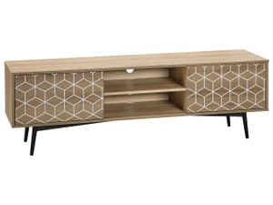 BELIANI TV Möbel Heller Holzfarbton MDF Platte Stahl 50 x 160 x 40 cm Retro Elegant Weißes Geometrisches Muster Multifunktional Wohnzimmer